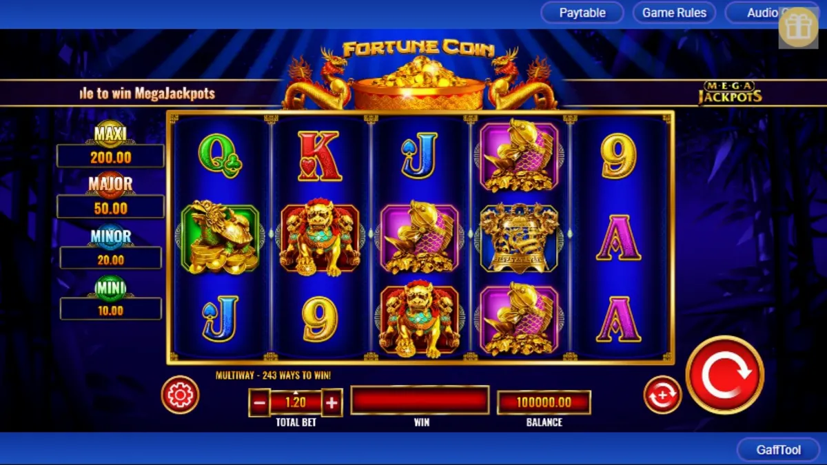 Fortune Coin Mega Jackpot স্লট গেমের একটি দৃশ্য যেখানে প্রাচীন এশীয় ঐশ্বর্যের প্রতীক দেখা যাচ্ছে।